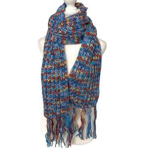 RIKKA NWT Blue Yellow Red Multi Color Crochet Fringe Winter Scarf